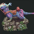 Vibrant Feathered Fantasy Creature With Red Backpack Standing On Rocky Ground And Green Plants