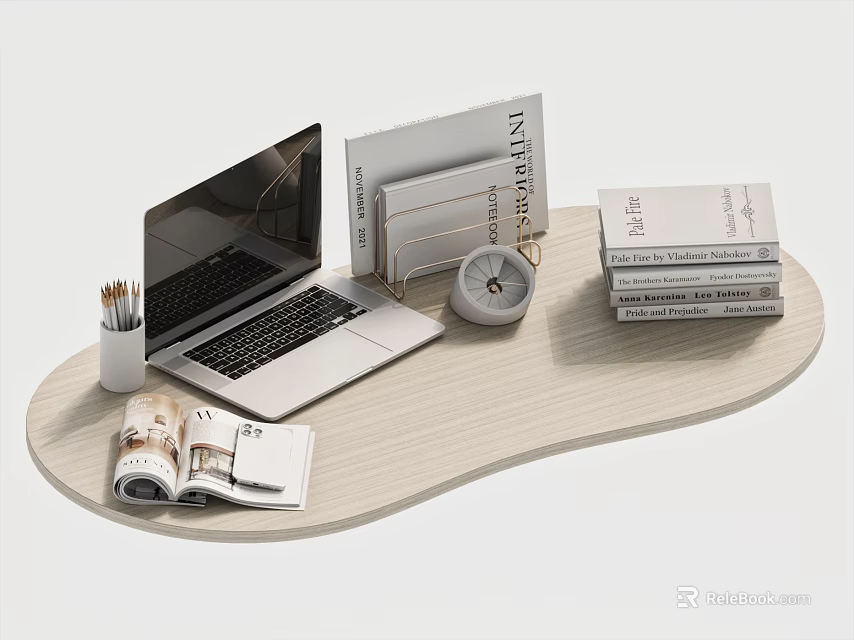 Modern Workspace Setup With Laptop Magazines Pencil Holder Clock And Books On Desk 3d model 
