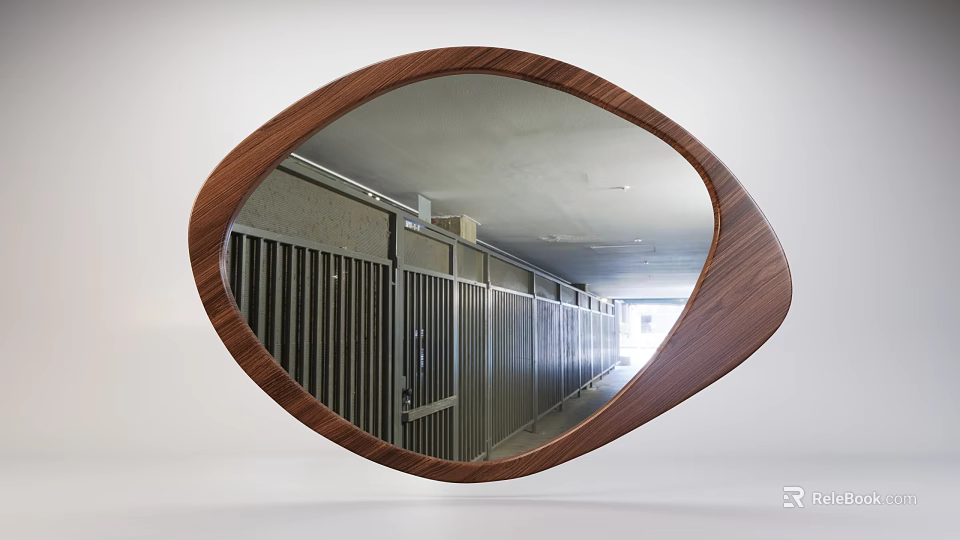 Oval Wooden Frame Mirror Reflecting Interior Corridor With Metal Railings And Ceiling 3d model 