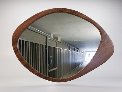 Oval Wooden Frame Mirror Reflecting Interior Corridor With Metal Railings And Ceiling 3d model