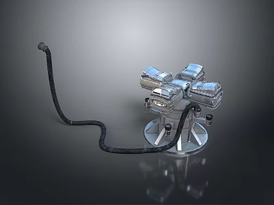 Silver Mechanical Device Featuring Four Engine Like Parts Circular Base And Black Hose 3d model