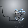 Silver Mechanical Device Featuring Four Engine Like Parts Circular Base And Black Hose 3d model