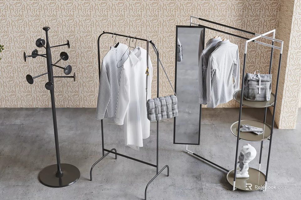 Metal Clothes Racks With Hanging Shirts Handbag Mirror And Decorative Shelves 3d model 