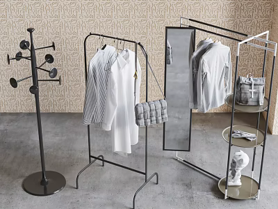 Metal Clothes Racks With Hanging Shirts Handbag Mirror And Decorative Shelves 3d model