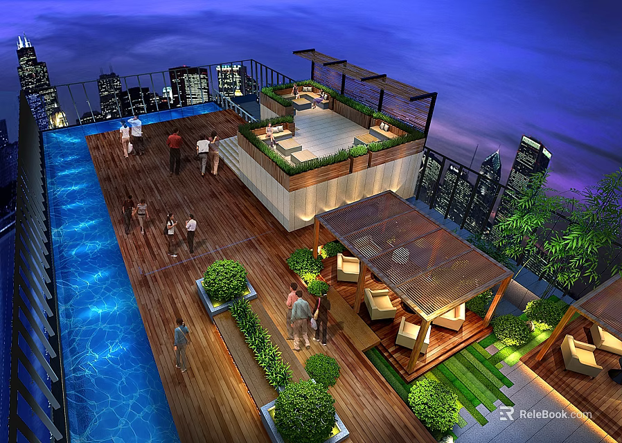 Rooftop Terrace Featuring Swimming Pool Wooden Flooring Green Plants And City Night View 3d model 