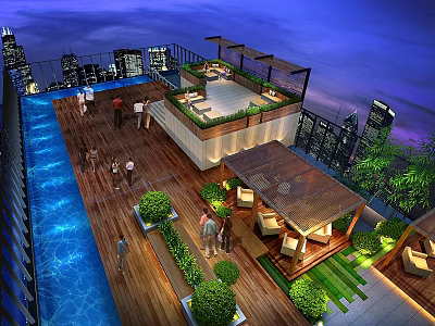Rooftop Terrace Featuring Swimming Pool Wooden Flooring Green Plants And City Night View 3d model