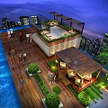 Rooftop Terrace Featuring Swimming Pool Wooden Flooring Green Plants And City Night View