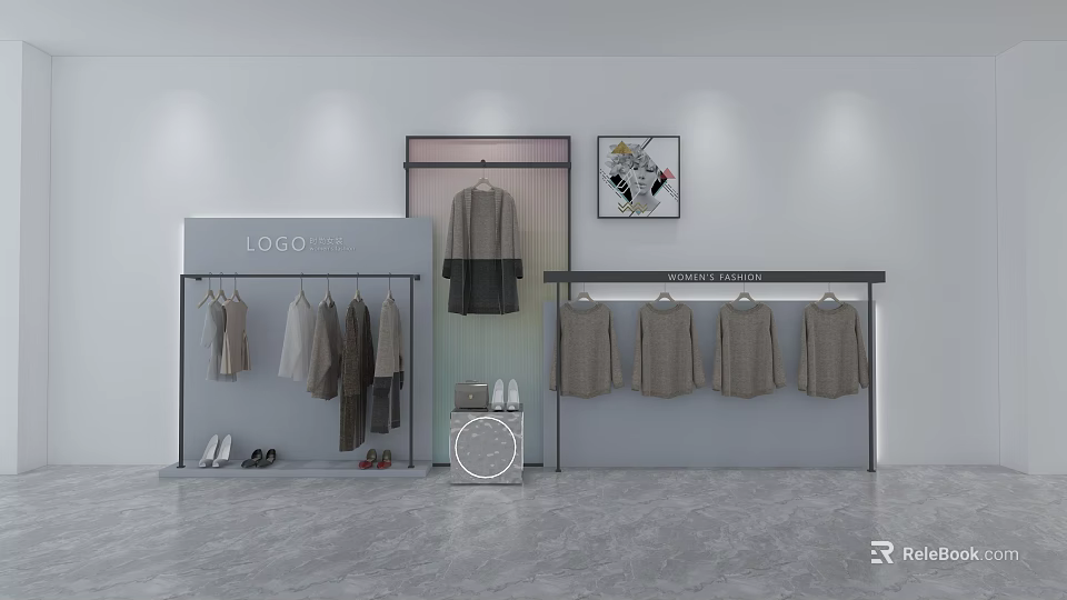 Clothing Rack Displaying Apparel in Modern Retail Store with Hanging Clothes Shoes and Wall Art 3d model 