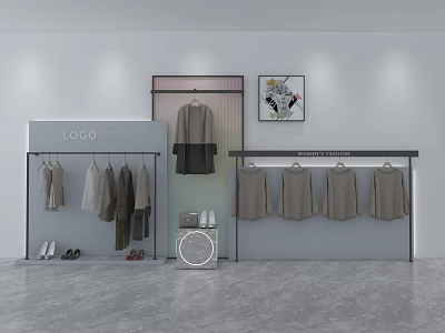 Clothing Rack Displaying Apparel in Modern Retail Store with Hanging Clothes Shoes and Wall Art 3d model