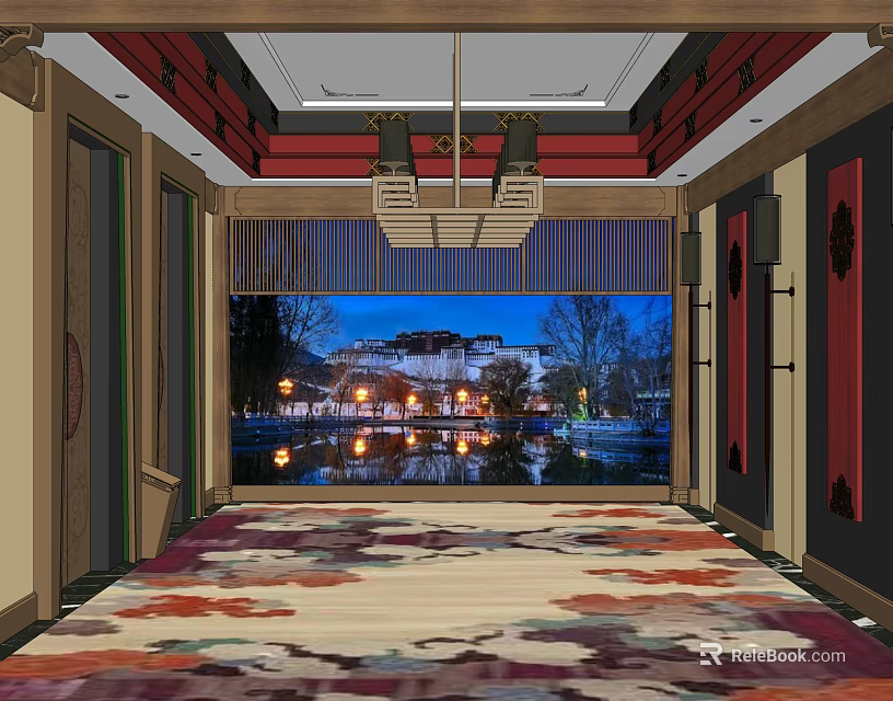 Chinese Style Elevator Hallway With Chandelier Patterned Carpet And Night View 3d model