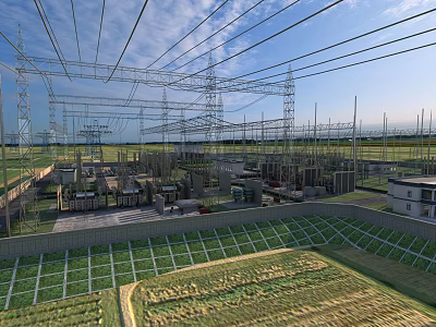 High Voltage Transmission Towers And Substation Facilities In Green Field Area 3d model