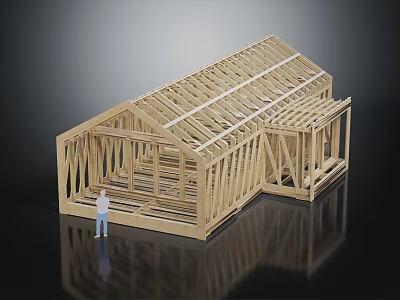 Wooden House Frame Model With Roof Trusses Floor Joists And Human Figure Scale 3d model