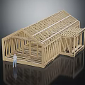 Wooden House Frame Model With Roof Trusses Floor Joists And Human Figure Scale