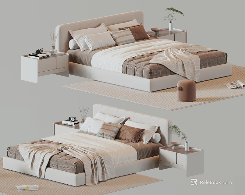 Modern Upholstered Double Bed With Soft Headboard Matching Nightstands And Cozy Bedding 3d model