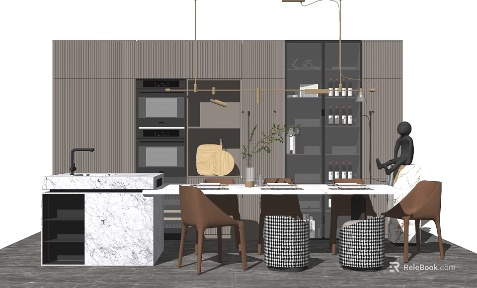 Modern Dining Table Set With Marble Top Chairs Hanging Lights And Kitchen Cabinets 3d model