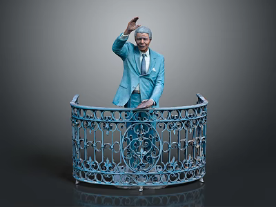 Man in blue suit waving hand behind blue iron railing with intricate floral design 3d model