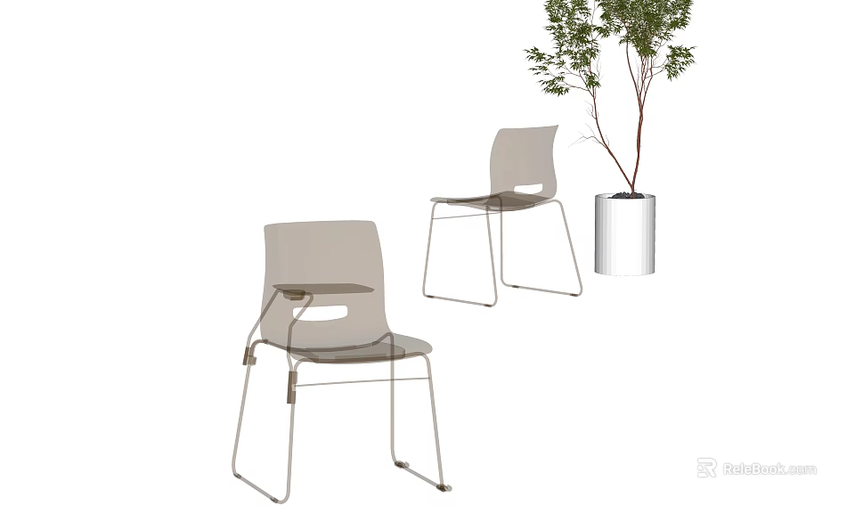 Modern Leisure Chairs With Metal Frame Transparent Backrest And White Planter Green Plant 3d model 