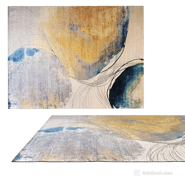 Modern Abstract Square Rug With Blue Yellow Gray Tones And Curved Lines Design 3d model 