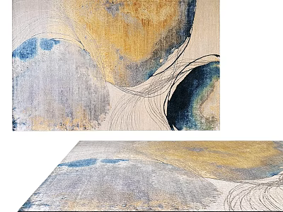 Modern Abstract Square Rug With Blue Yellow Gray Tones And Curved Lines Design 3d model