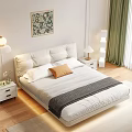 White Upholstered Double Bed with White Brown Pillows Nightstand and Green Curtains