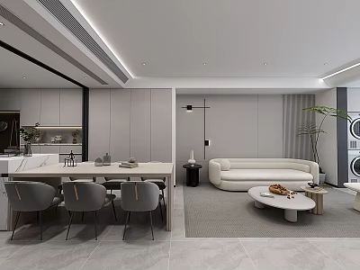 Modern Dining and Living Room Interior With Dining Table Chairs Sofa Rug And Potted Plant 3d model