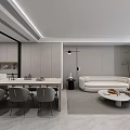 Modern Dining and Living Room Interior With Dining Table Chairs Sofa Rug And Potted Plant