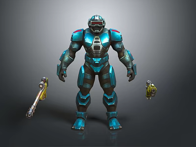 Blue Mech Warrior Character In Combat Armor With Gun And Equipment 3d model