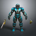 Blue Mech Warrior Character In Combat Armor With Gun And Equipment