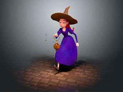 Game And Movie Character Witch With Purple Dress Large Hat Holding Lantern On Brick Ground 3d model