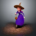 Game And Movie Character Witch With Purple Dress Large Hat Holding Lantern On Brick Ground