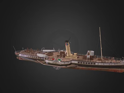 Vintage Wooden Boat With Mast Small Boat And Chimney On Deck 3d model