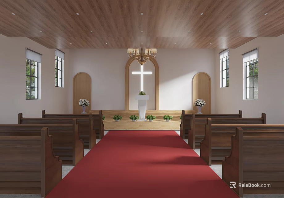 Christian Church Interior With Wooden Pews Red Carpet Cross Altar And Chandelier 3d model 