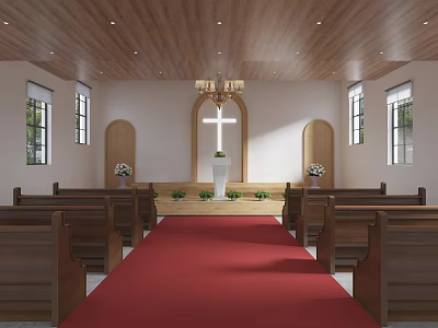 Christian Church Interior With Wooden Pews Red Carpet Cross Altar And Chandelier 3d model