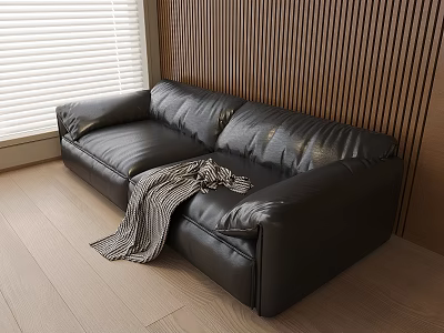 Black Leather Two Seater Sofa With Striped Blanket Wooden Wall And Blinds 3d model