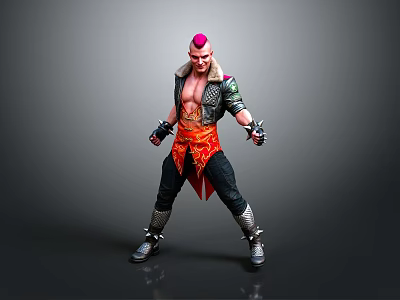 Pink Haired Character In Leather Jacket With Red Sash And Combat Stance 3d model