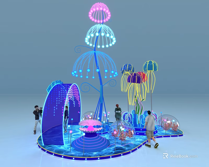 Vibrant Jellyfish Shaped Light Installation With People Interacting In Exhibition Area 3d model 