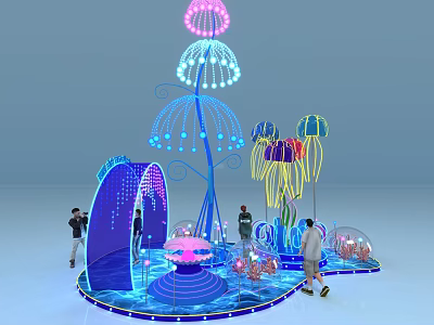 Vibrant Jellyfish Shaped Light Installation With People Interacting In Exhibition Area 3d model