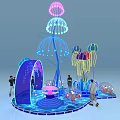 Vibrant Jellyfish Shaped Light Installation With People Interacting In Exhibition Area