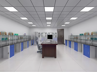 Modern Laboratory Interior With Blue Cabinets Lab Benches And Computer Workstation 3d model