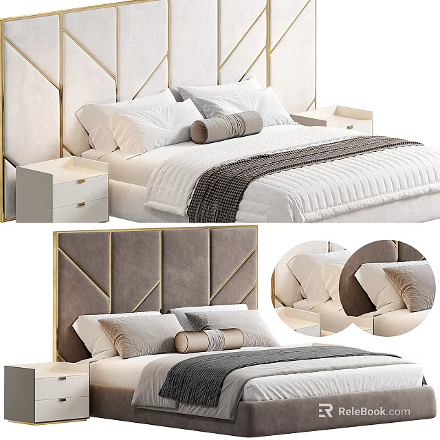 Modern Double Bed With Velvet Headboard Gold Accents White Bedding And Nightstand 3d model 