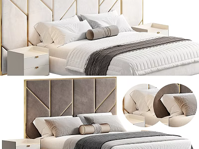 Modern Double Bed With Velvet Headboard Gold Accents White Bedding And Nightstand 3d model