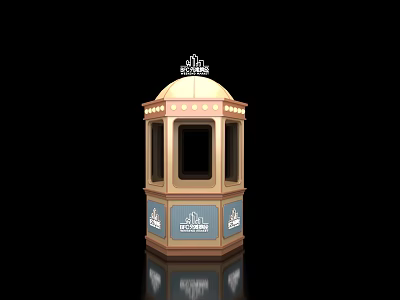 Golden Ritz Carlton Reception Kiosk With Decorative Top And Blue Panels 3d model