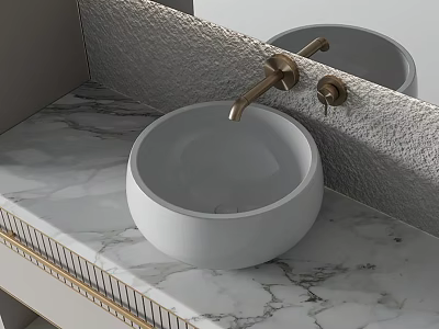 Modern White Round Washbasin With Golden Faucet On Marble Countertop And Textured Wall 3d model