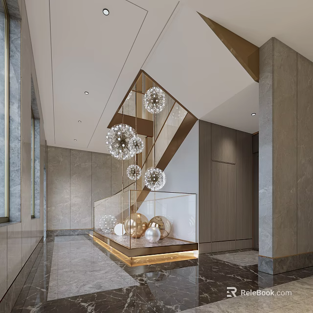 Elegant Modern Lobby Staircase Design With Spherical Chandeliers Marble Walls And Decorative Spheres 3d model 
