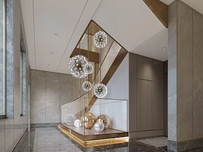 Elegant Modern Lobby Staircase Design With Spherical Chandeliers Marble Walls And Decorative Spheres 3d model
