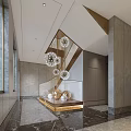 Elegant Modern Lobby Staircase Design With Spherical Chandeliers Marble Walls And Decorative Spheres