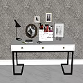Perfume and Cosmetics in Makeup Organizer on Stylish Vanity with Decorative Prints and Table Lamp