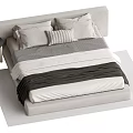 Modern Double Bed with Gray White Bedding Multiple Pillows Dark Blanket and Side Table 3d model