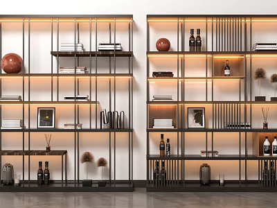 Modern Metal Frame Shelving Units With Wooden Shelves Books And Decorative Lighting 3d model