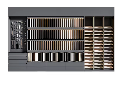 Modern Minimalist Gray Display Shelves Design With Multiple Compartments And Drawers 3d model